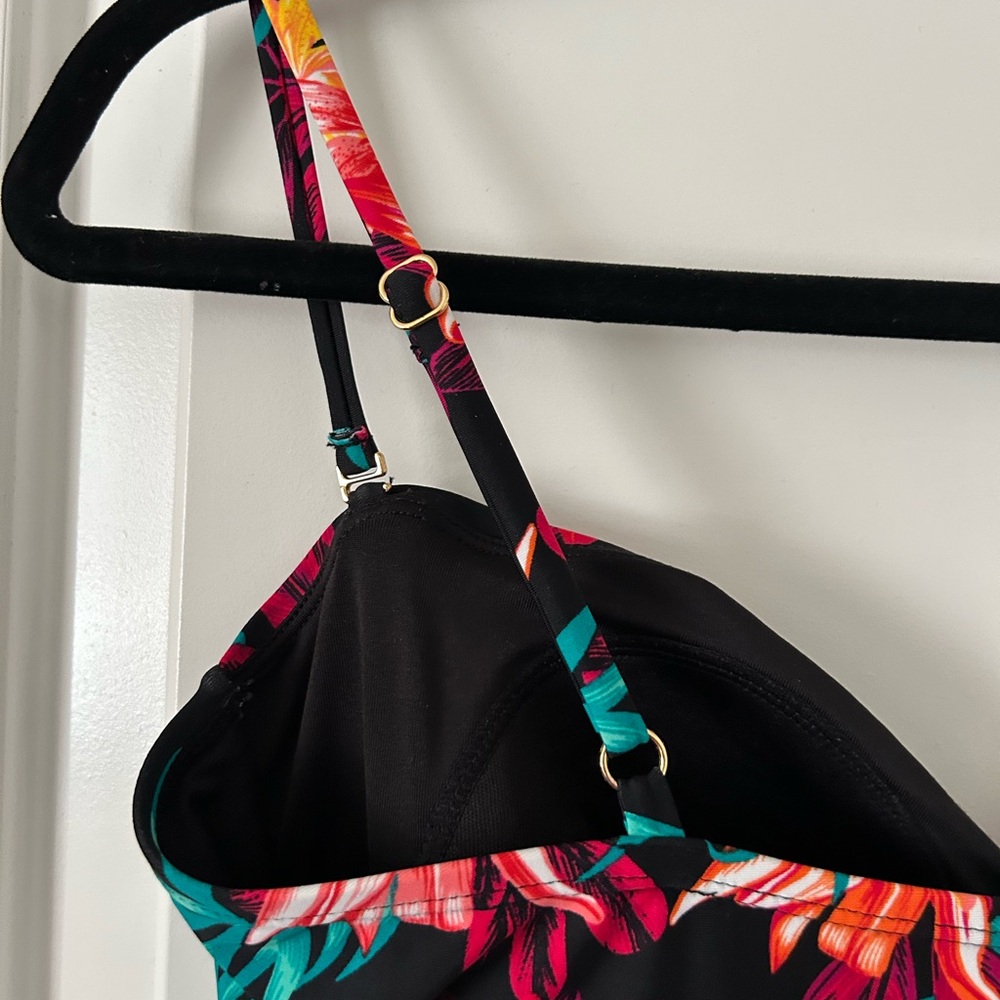Tropical Escape Black One-Piece Swimsuit with Pink, Red and Yellow Floral Print - Picture 5 of 11